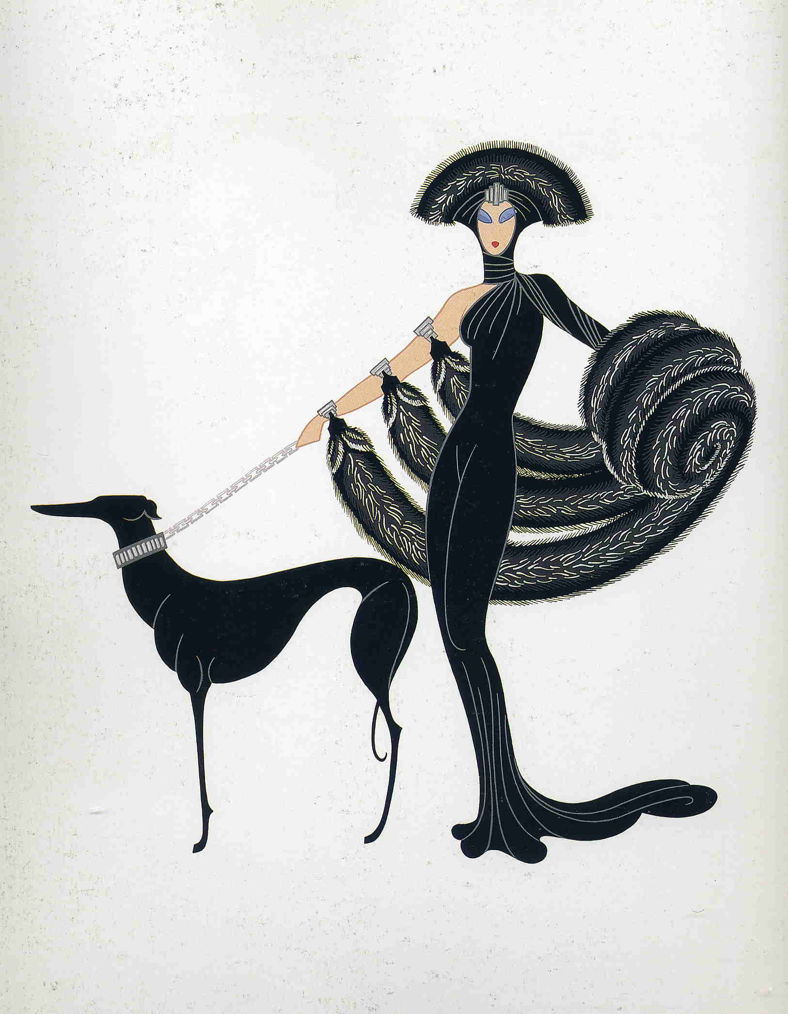 Costume design woman dressed in black, with furs, hat and dog on a