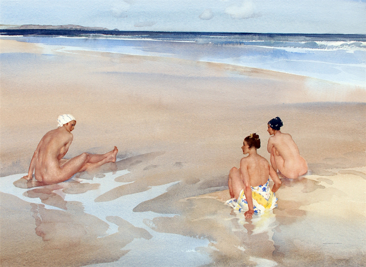 Evelina, Mirabel and Alice on Bamburgh Sands (Northumberland) - William Russell Flint