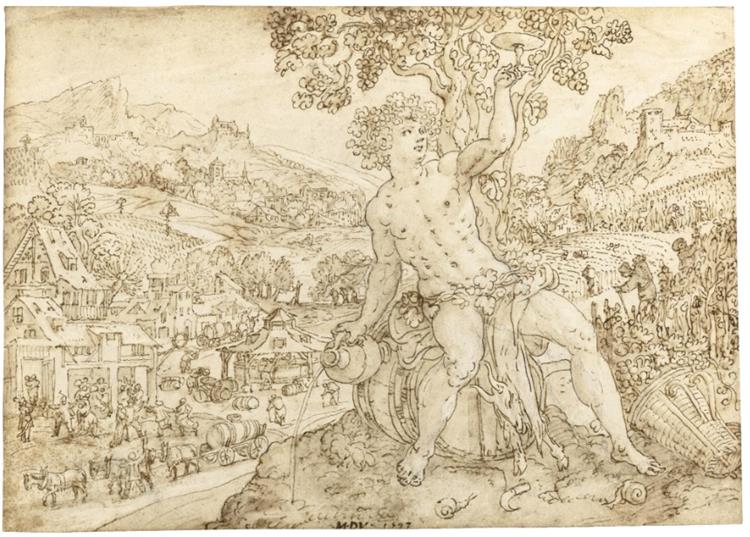 Bacchus Seated in a Landscape the Harvest to His Right and a Town Below An Allegory of Autumn, 1593 - Мартин де Вос
