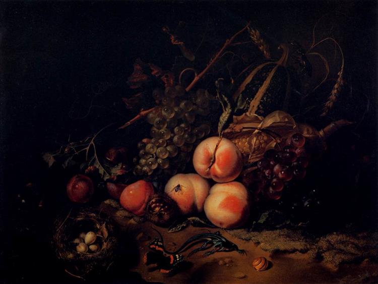 Still Life of Fruits, Animals and Insects on a Moss Floor, 1711 - Рахел Рюйш