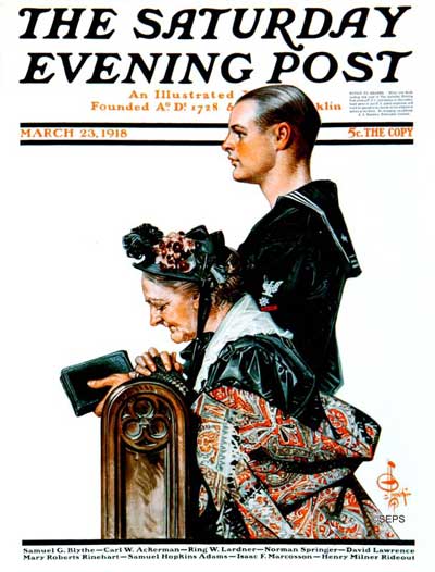 "sailor and Mother in Church" by J. C. Leyendecker. Saturday Evening Post Cover, March 23, 1918, 1918 - Joseph Christian Leyendecker