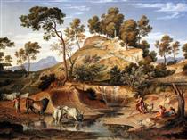 Serpentara Landscape with Herdsmen and Cows at a Spring - Йозеф Антон Кох
