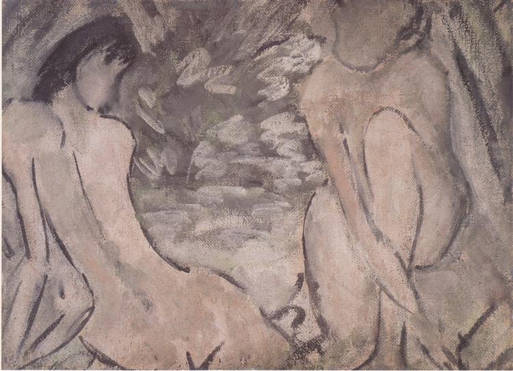 Zwei Am Teichrand Sitzende Mädchenakte, 1924 - Otto Mueller