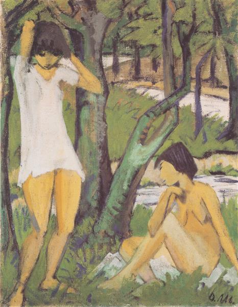 Zwei Badende Mädchen (mädchen Im Hemd), 1925 - Otto Mueller