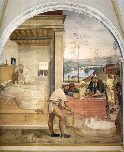Life of St Benedict, Scene 32. Benedict Appears in the Dreams of Two Monks, 1505 - 1508 - Giovanni Antonio Bazzi
