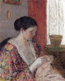 The Artist's Wife Sewing - Фридрих Карл Фриске