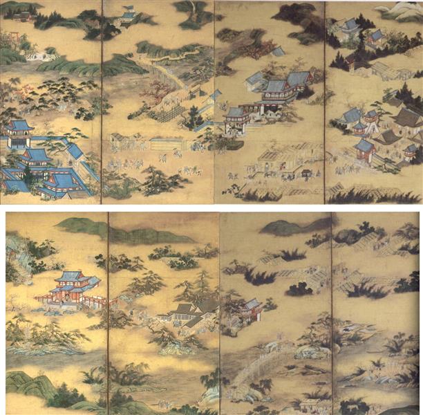 Famous Views of Sagano (top) and Famous Views of Uji (bottom), c.1560 - Кано Эйтоку