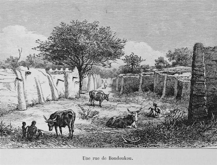 Street with Buildings of Traditional Baked-mud Sudano-sahelian Architecture in Bondoukou, in the Sub-saharan Sahel—tropical Savanna Belt Region of Northern Côte D'ivoire, 1892 - Édouard Riou