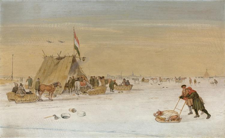 A Winter Landscape with Figures on the Ice by a Koek-en-zopie Tent - Hendrick Avercamp