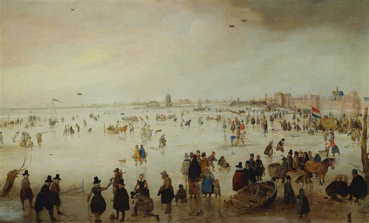 Skaters, Golf Players, Elegant Ladies and Gentleman on Frozen Floodwaters by the Broederpoort at Kampen - Hendrick Avercamp