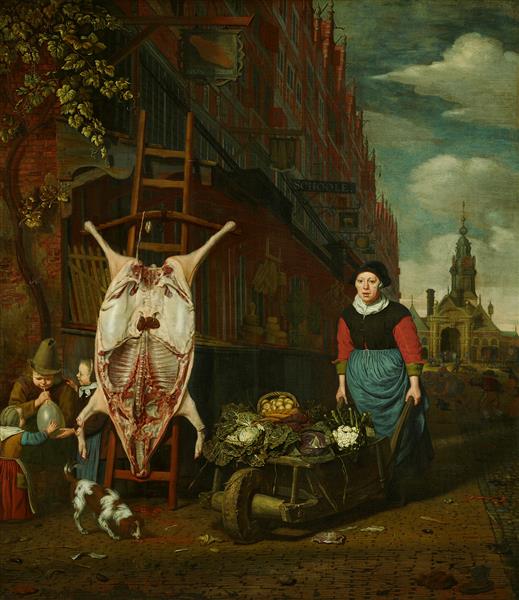 Het Varken Op De Leer Met Gezicht Op De Haarlemmerpoort-the Haarlemmerdijk with a Pig on a Stepladder, 1668 - Michiel van Musscher