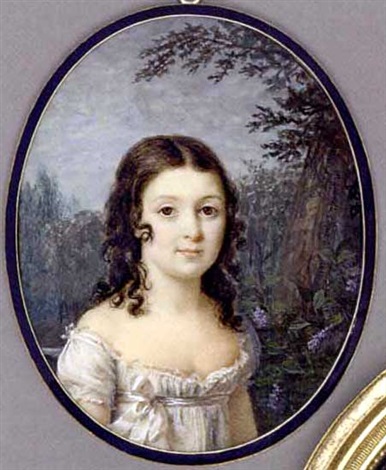 A girl standing before a tree with lilac, in white silk dress with white sash tied in a bow, long dark curling hair, forest and sky background, 1811 - Marie Gabrielle Capet