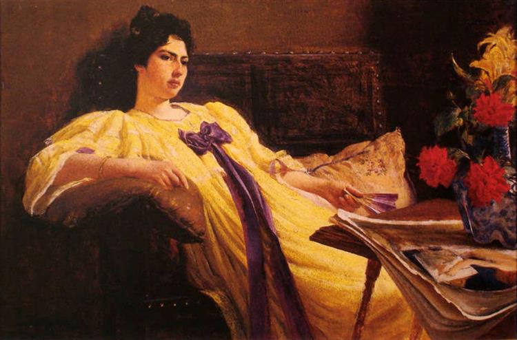 Portrait of a lady, yellow gown, purple scarf, 1892 - Родольфо Амоедо