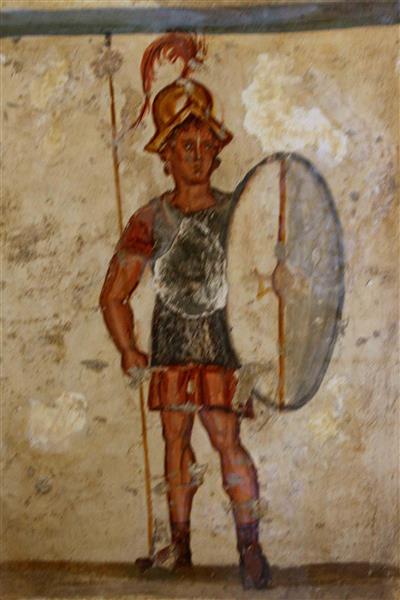 Fresco of An Ancient Macedonian Soldier (thorakitai) Wearing Chainmail Armor and Bearing a Thureos Shield, c.250 BC - Ancient Greek Painting and Sculpture
