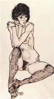 Seated female nude with elbows propped - Эгон Шиле
