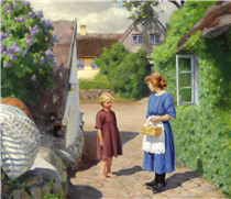 Summer Day in Jyllinge. Lilacs in Bloom and Little Girls in the Village Street - Hans Andersen Brendekilde