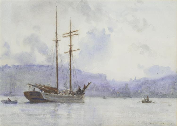 A topsail schooner off a port at dusk - Henry Scott Tuke