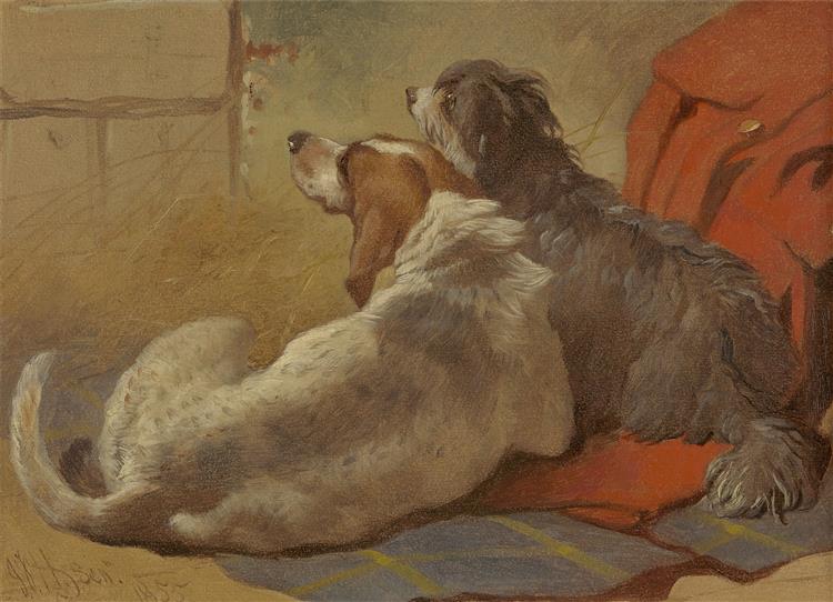 A Hound and a Bearded Collie Seated on a Hunting Coat, 1855 - John Frederick Herring Sr.