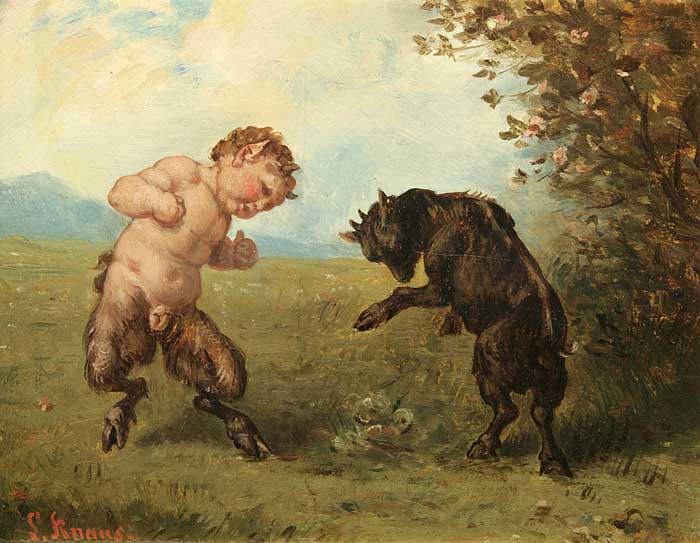 Trial of strength (satyr boy with billy goat in landscape) - Ludwig Knaus