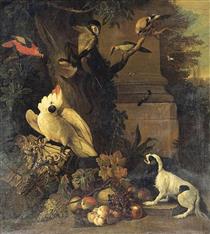 A Monkey, a Dog and Various Birds in a Landscape - Tobias Stranover