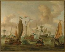 Spiegelgevecht op het IJ te Amsterdam ter ere van het bezoek van Tsaar Peter de Grote op 1 september 1697 - Abraham Storck