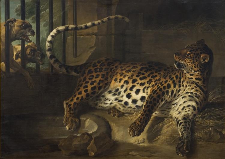 Leopard in a Cage Confronted by Two Mastiffs, 1739 - Jean-Baptiste Oudry