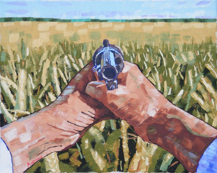 62. Wheat Fields at Sollom with Revolver 2017 by Anthony D. Padgett (after Van Gogh Auvers Sur Oise 1890), 2017 - Anthony Padgett
