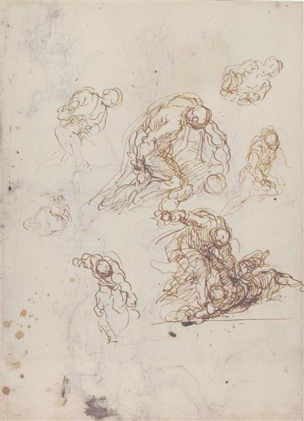 Seated Female Holding a Book, Two Heads of Bearded Men, Seated Male Nude, and Four Sketches for Christ Judging (recto); Studies for Cain Slaying Abel (verso), 1628 - Palma il Giovane