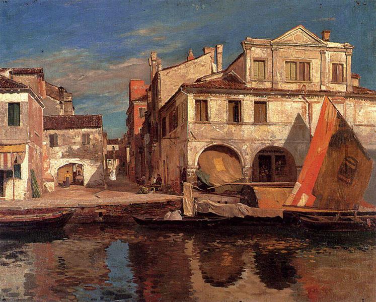 Canal scene in Chioggia with Bragozzo - Gustav Bauernfeind
