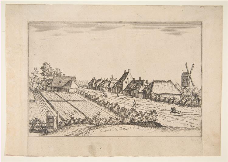 Fields with a Village Road with Post Mill, from the Series The Small Landscapes (Multifariarum Casularum), 1559 - 1561 - Meister der kleinen Landschaften