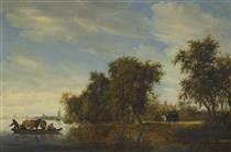 A River Landscape with a Ferry Boat - Salomon van Ruysdael
