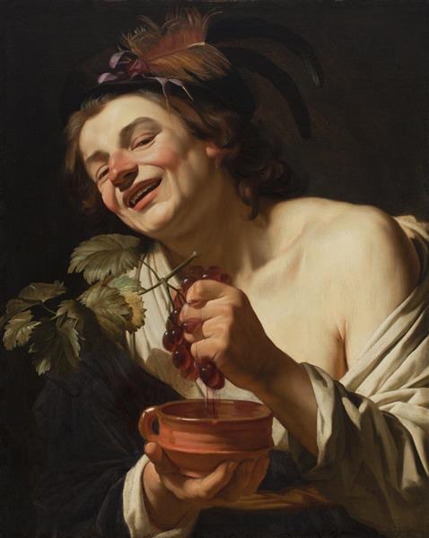 Smiling Young Man Squeezing Grapes, 1622 - Gerard van Honthorst