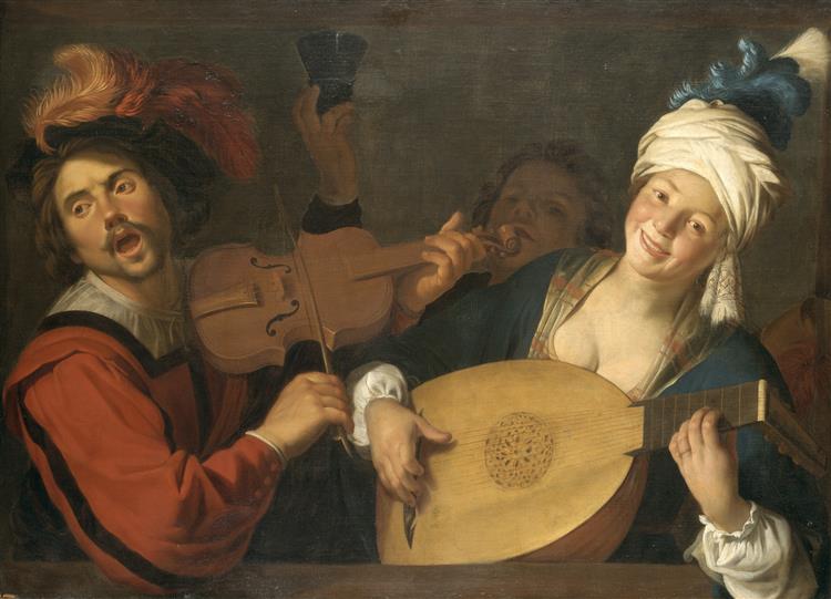 A Merry Group Behind a Balustrade with a Violin and a Lute Player, c.1623 - Gerard van Honthorst