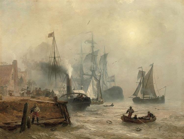 Moored Steam Drill At A Busy Quay, Holland, 1890 - Andreas Achenbach