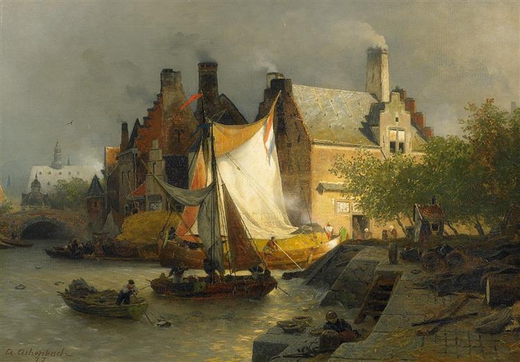 Mooring boats at a Dutch harbor, 1877 - Andreas Achenbach