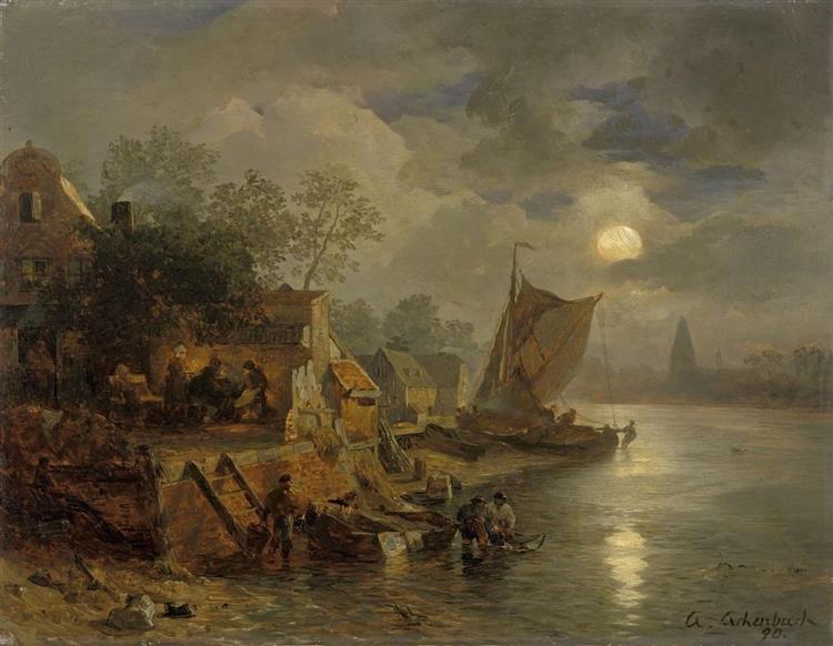 Nocturnal coastal landscape with fishermen, 1890 - Андреас Ахенбах