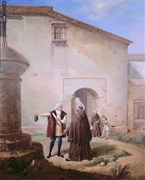 The Franciscan Friars of the Convento of Santa Maria De La Rabida Give Bread and Water to Christopher Columbus and His Son Diego - Antonio Cabral Bejarano