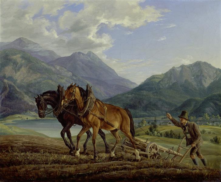 Mountain landscape with plowing farmers, 1825 - Освальд Ахенбах