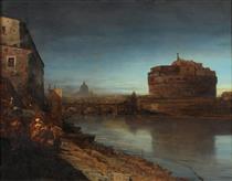 View of the Tiber with a view of the Castel Sant'Angelo - Oswald Achenbach