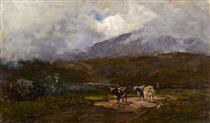 HERDSMAN AND COWS ON A COUNTRY ROAD, GLENMALURE, COUNTY WICKLOW - Nathaniel Hone the Younger