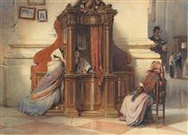 A Church Interior with Women at the Confessional - Ludwig Passini