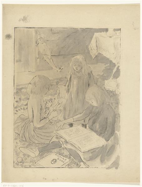 Drie meisjes aan het spelen - Lucien Pissarro