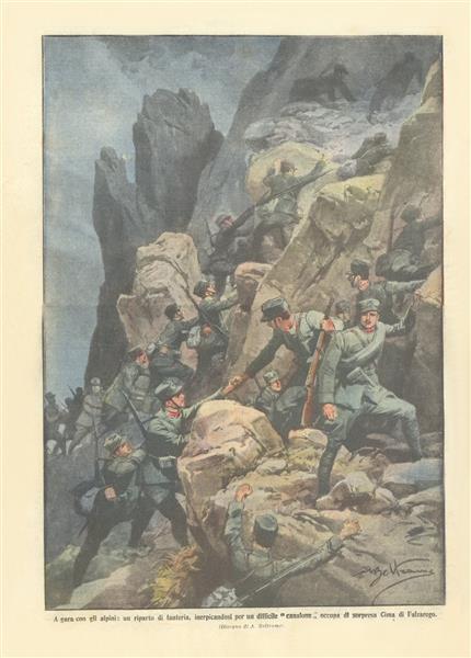 In competition with the Alpine troops, an infantry troop climbing up a difficult "gully" Surprisingly occupies Cima Di Falzarego, 1915 - Achille Beltrame