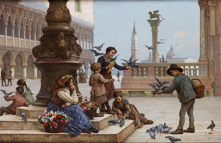 Children feeding pigeons in Venice - Antonio Paoletti