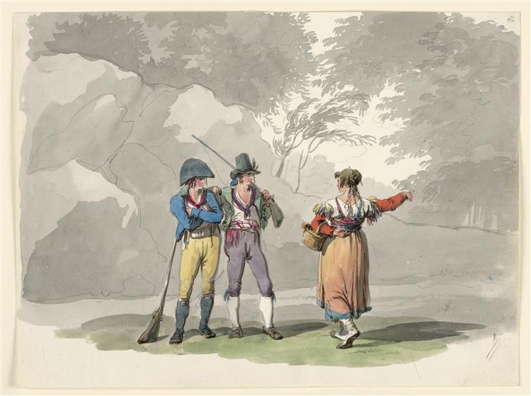 A Woman and Two Men with Guns. Costumes of the Kingdom of Naples, 1808 - Bartolomeo Pinelli