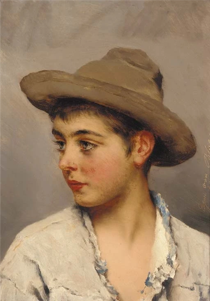 A young boy wearing a stetson - Eugen de Blaas