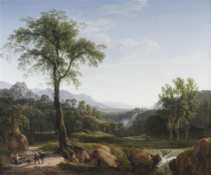 An Italianate landscape with travellers resting in the shade of a tree, a view of Tivoli in the background, 1803 - Хендрик Вогд