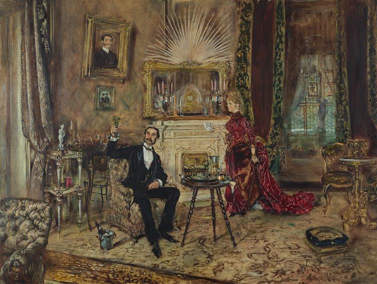 Makart salon interior, with a lady and a seated gentleman, 1887 - Антон Ромако