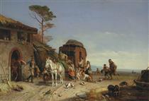 Beggars ambush a stagecoach in front of a post office in the Pontine Marshes - Heinrich Bürkel