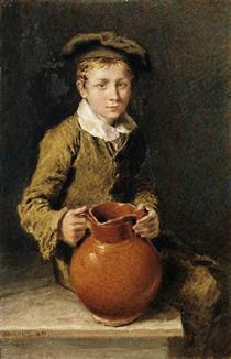 A boy seated on a bench with a pitcher - William Henry Hunt